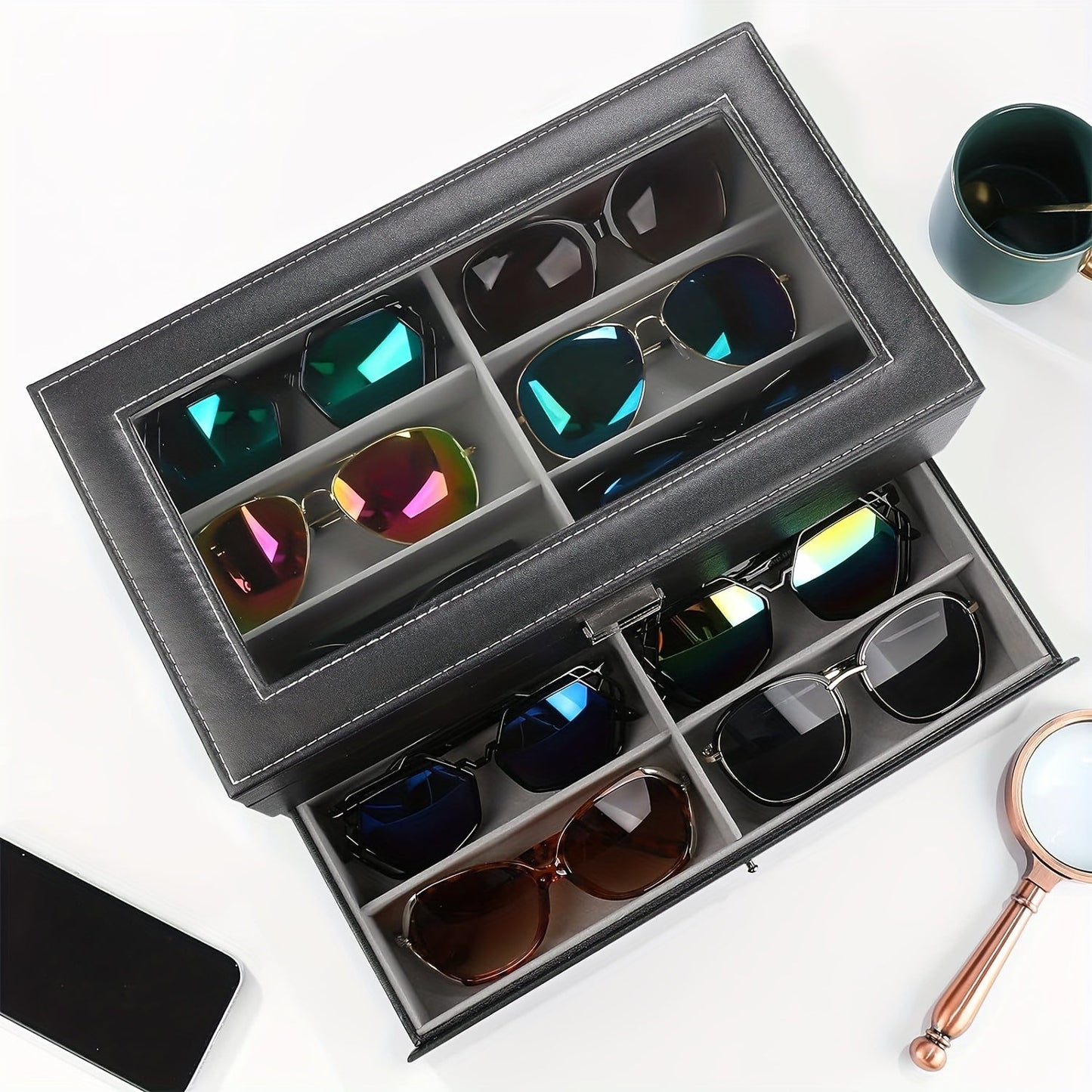 Elegant Gray Faux Leather Eyeglasses Organizer - 12-Slot Storage Case for Stylish Men and Women