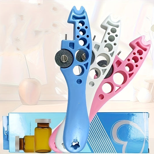 Multi-functional ampoule and glass bottle opener with replaceable grinding wheel. Handheld plastic cutter in blue/white or pink/black for easy medication management.