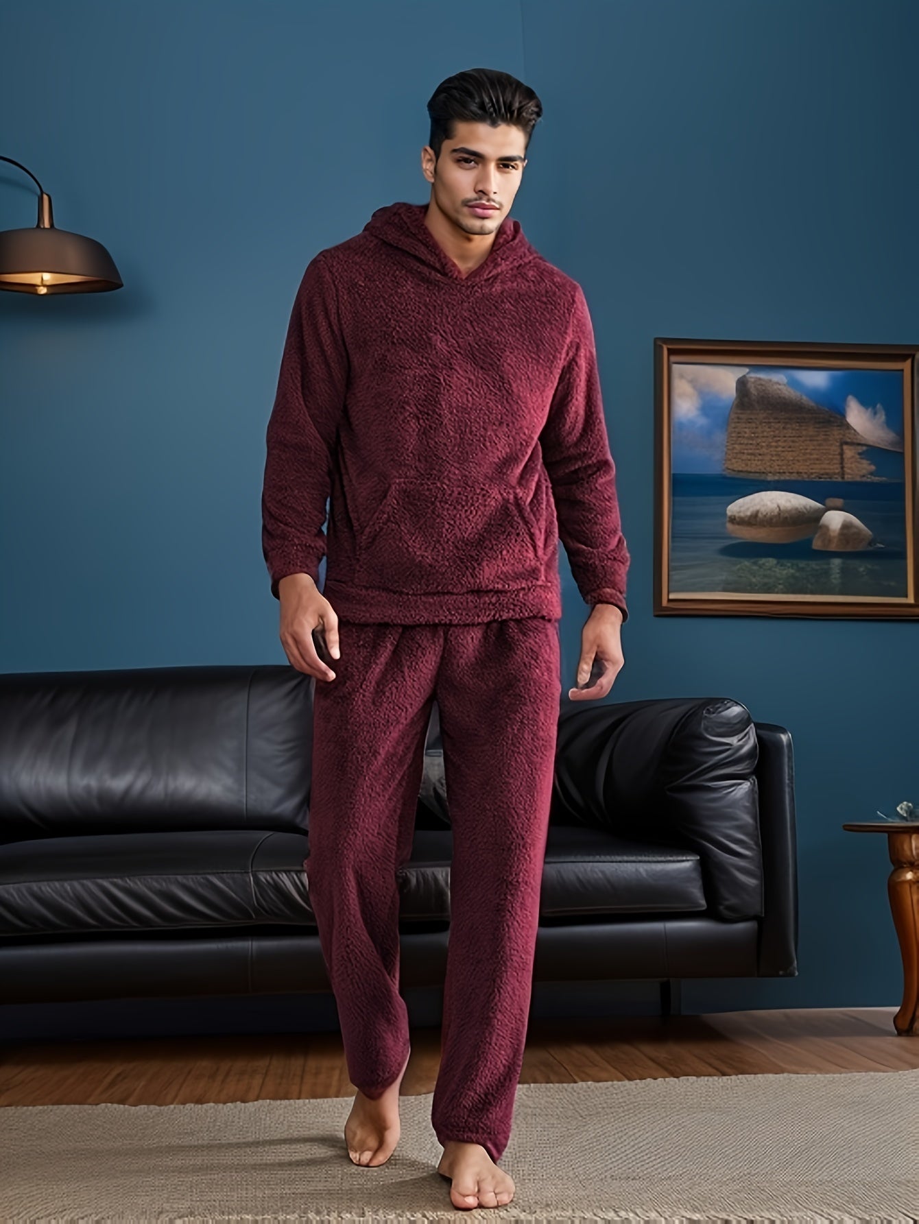 Cozy Men's Hooded Pajama Set made of plush fleece, with pockets and machine washable for winter sleepwear.