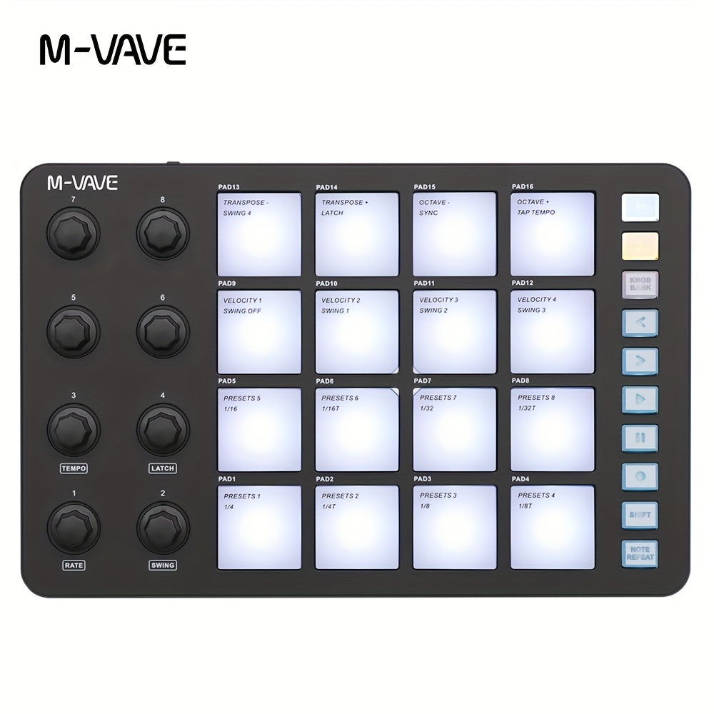 Portable MIDI controller with USB charging, 2000mAh battery, wireless capabilities, ≤36V voltage, and USB-C interface, ideal for percussion keyboard use.