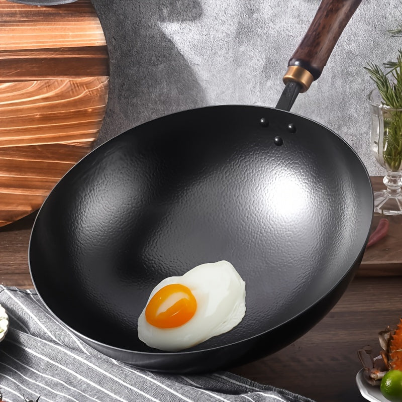 Durable 32.0cm Thick Cast Iron Skillet - Non-Stick, No Coating, Round Bottom Wok for Gas Stove Top & Induction Cooker - Ideal for Stir Fry & Cooking