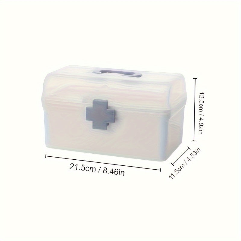 Household dustproof medicine box with large capacity for emergency care. This portable multi-layer plastic box provides storage bins for home organization.