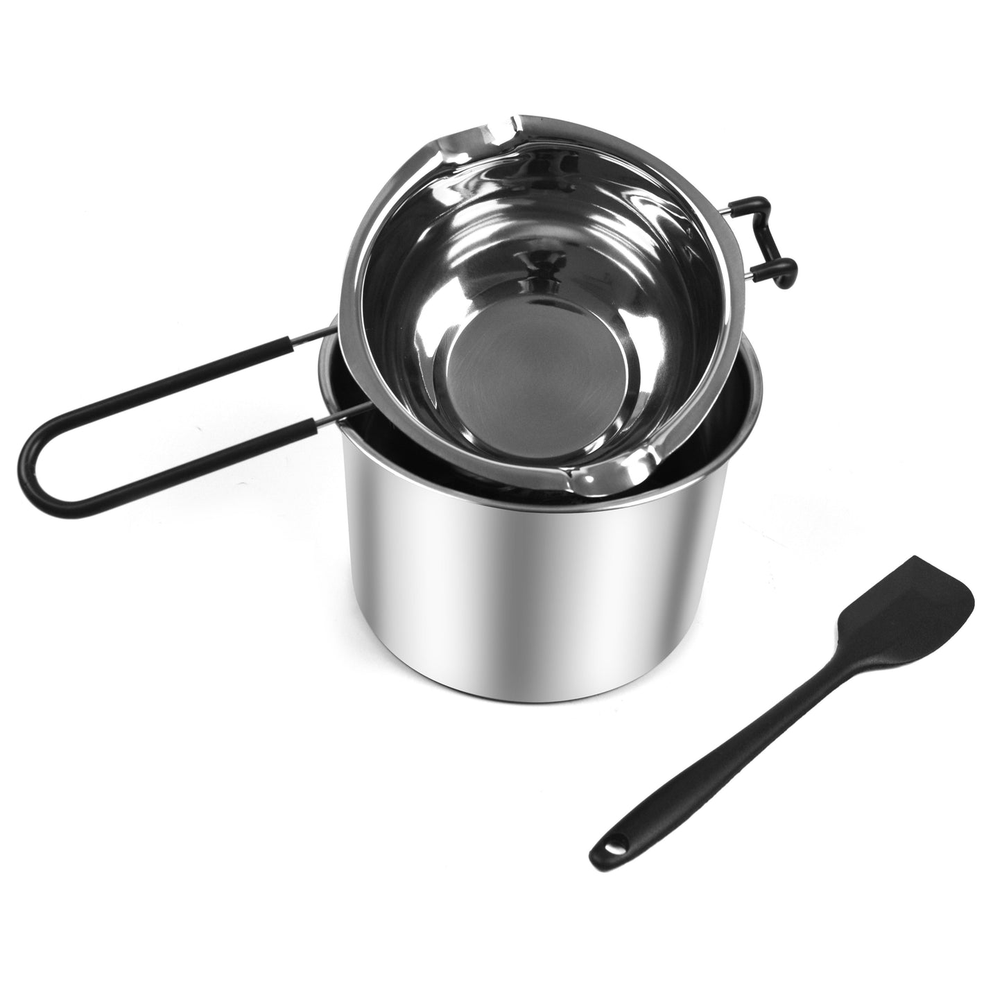 This stainless steel double-layer melting pot set includes two pots with capacities of 600ml and 1600ml. It comes with a silicone spoon and is perfect for melting chocolate, soap, beeswax, and making candles.