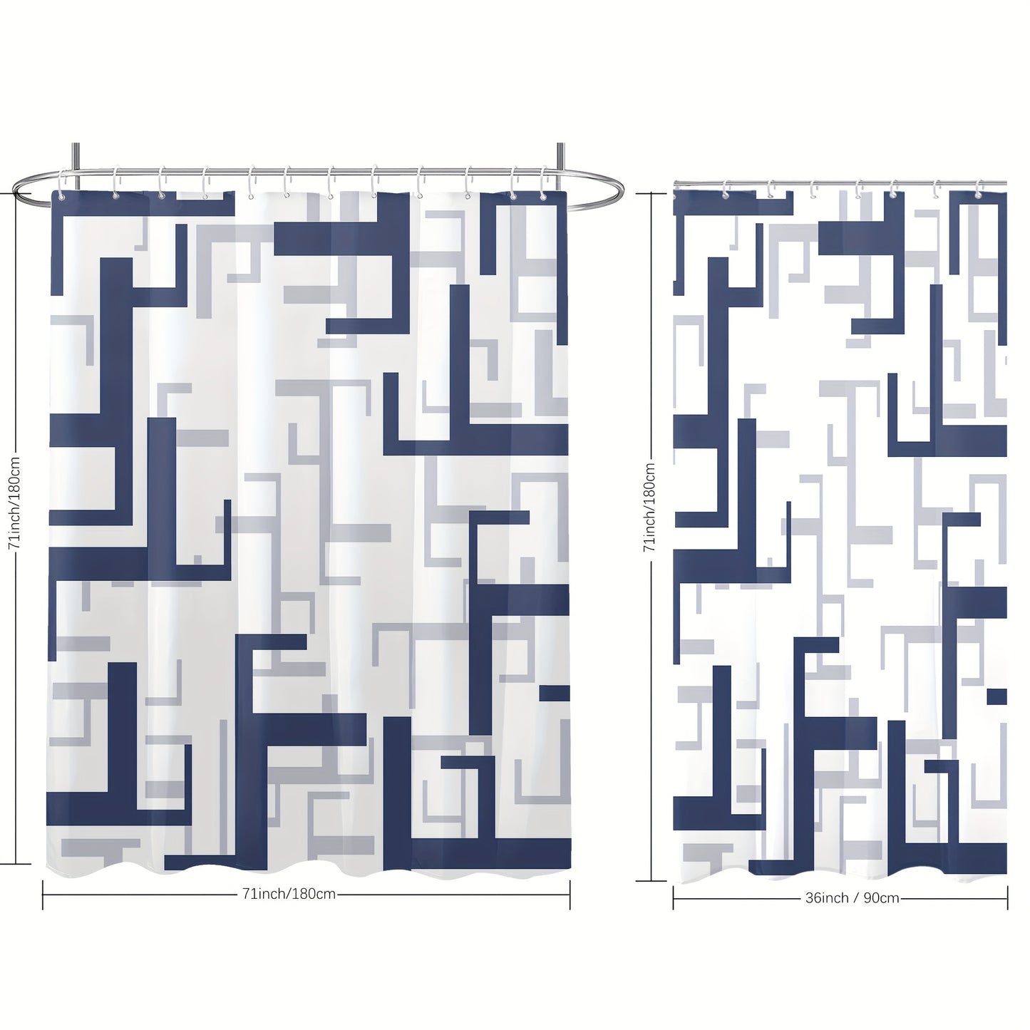 Blue geometric shower curtain with hooks, waterproof and machine washable, ideal for windows and bathroom decor.