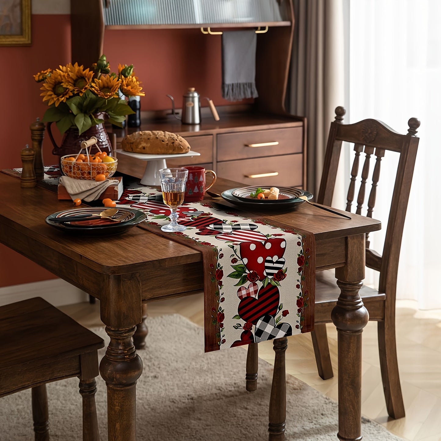 Washable kitchen table runner with Valentine's Day theme, red heart leaf design, and non-slip insulated backing. Perfect for parties and adding a festive touch to your table.