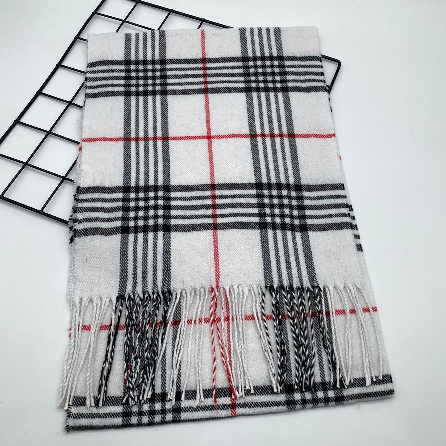 Soft and warm woven polyester men's scarf with classic checkered stripe design and fringe detail - 1 piece of classic style scarf.