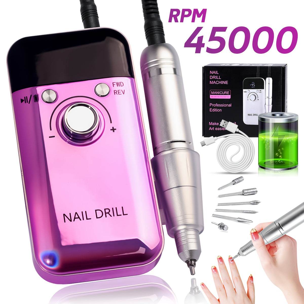 45000RPM Nail Polisher with Digital Display, Portable Wireless Gel and Nail Polish Polishing Machine for Manicure Salon.