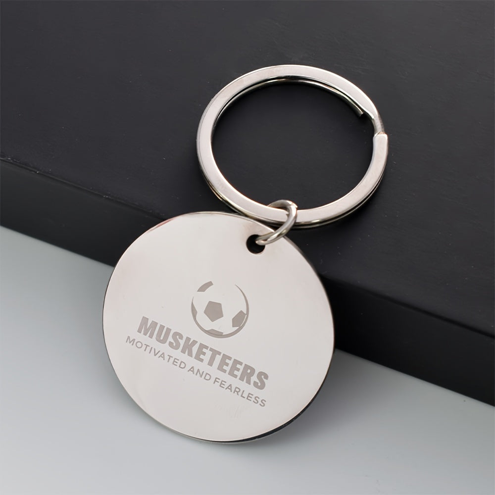 This listing is for a pack of 10 laser-engraved keychains made from double-sided glossy stainless steel in various shapes including round and heart. These keychains are designed to hang securely with a dog's name and other information engraved on the