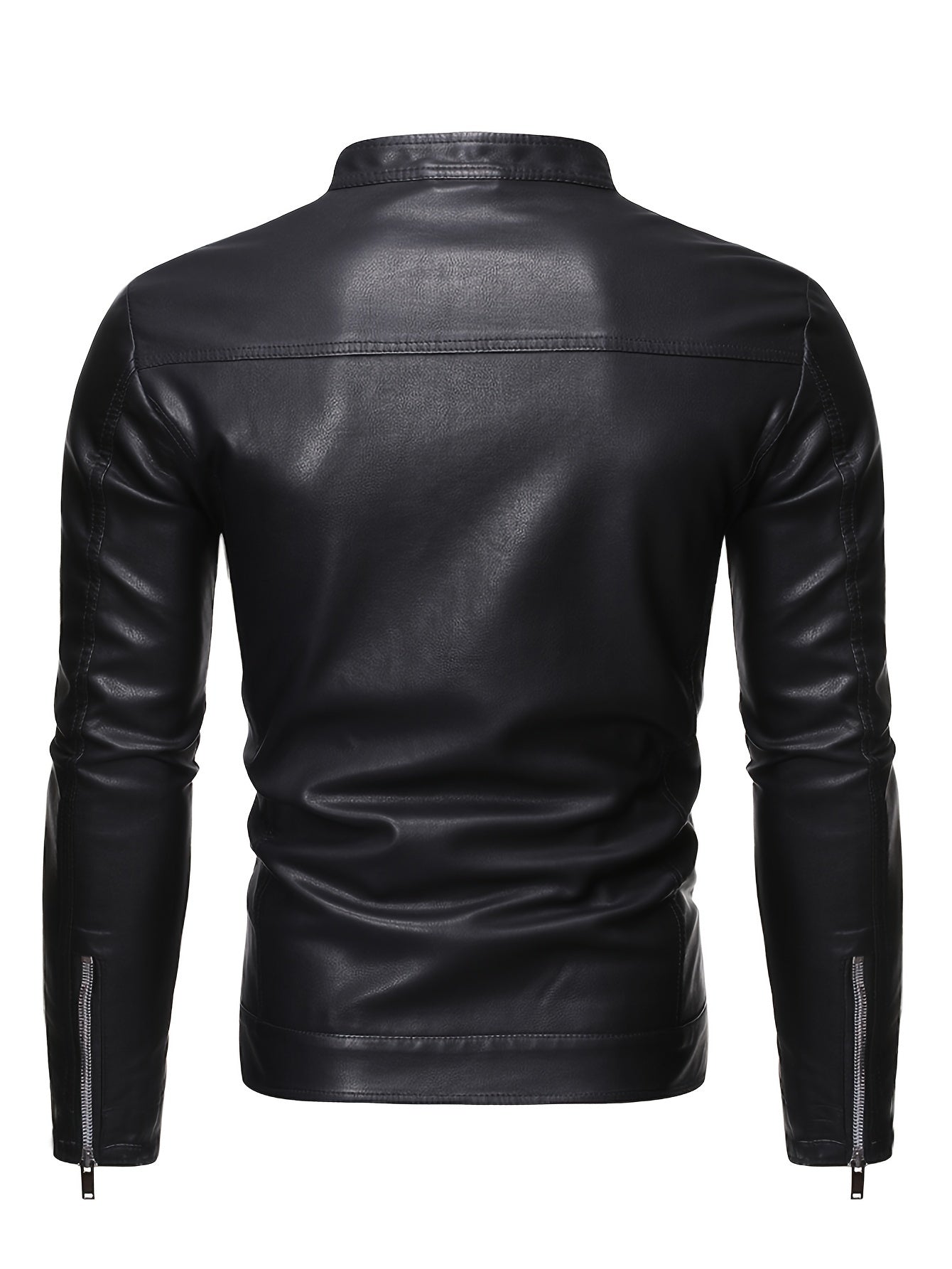 PU Leather Jacket for Men with Stand Collar and Zippered Pockets, Motorcycle Style