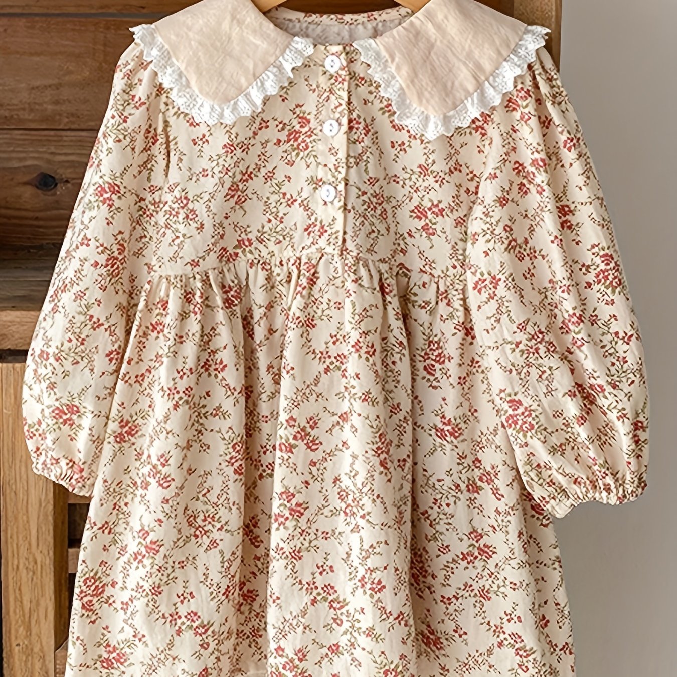 Girls' A6014 Spring and Autumn Korean style floral lace doll collar dress with lace details.