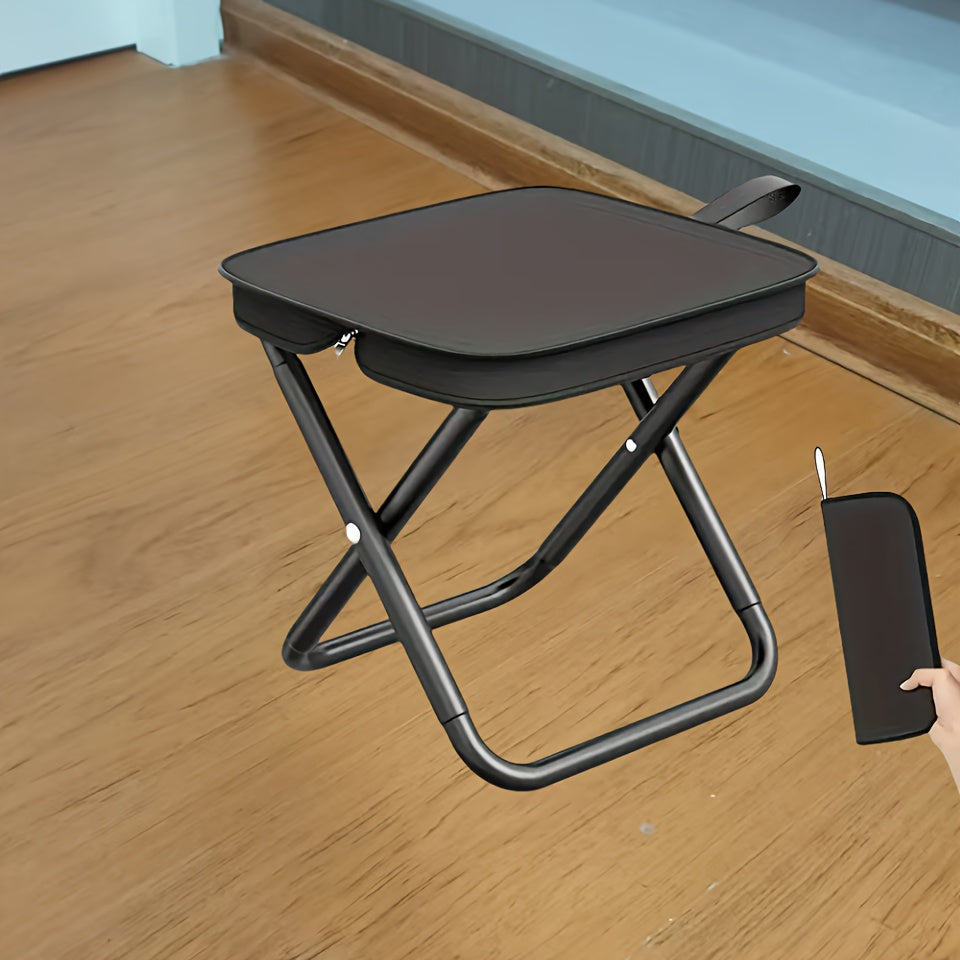 Compact portable folding stool for outdoor activities, easy to set up and adult-sized.