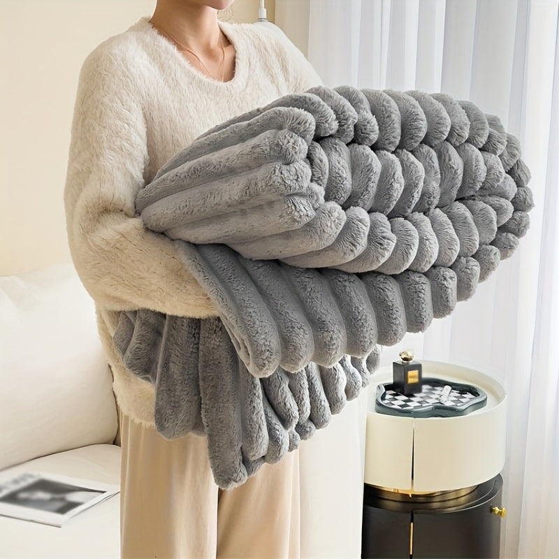 Bohemian Style White Rabbit Fur Imitation Shawl Blanket - Luxuriously Soft and Warm, Perfect for All Seasons. Made of 100% Polyester, 350-400 gsm Knit Fabric for Easy Care. Great for Sofa, Bed, Office, or Travel. A Versatile and Thoughtful Gift for Any