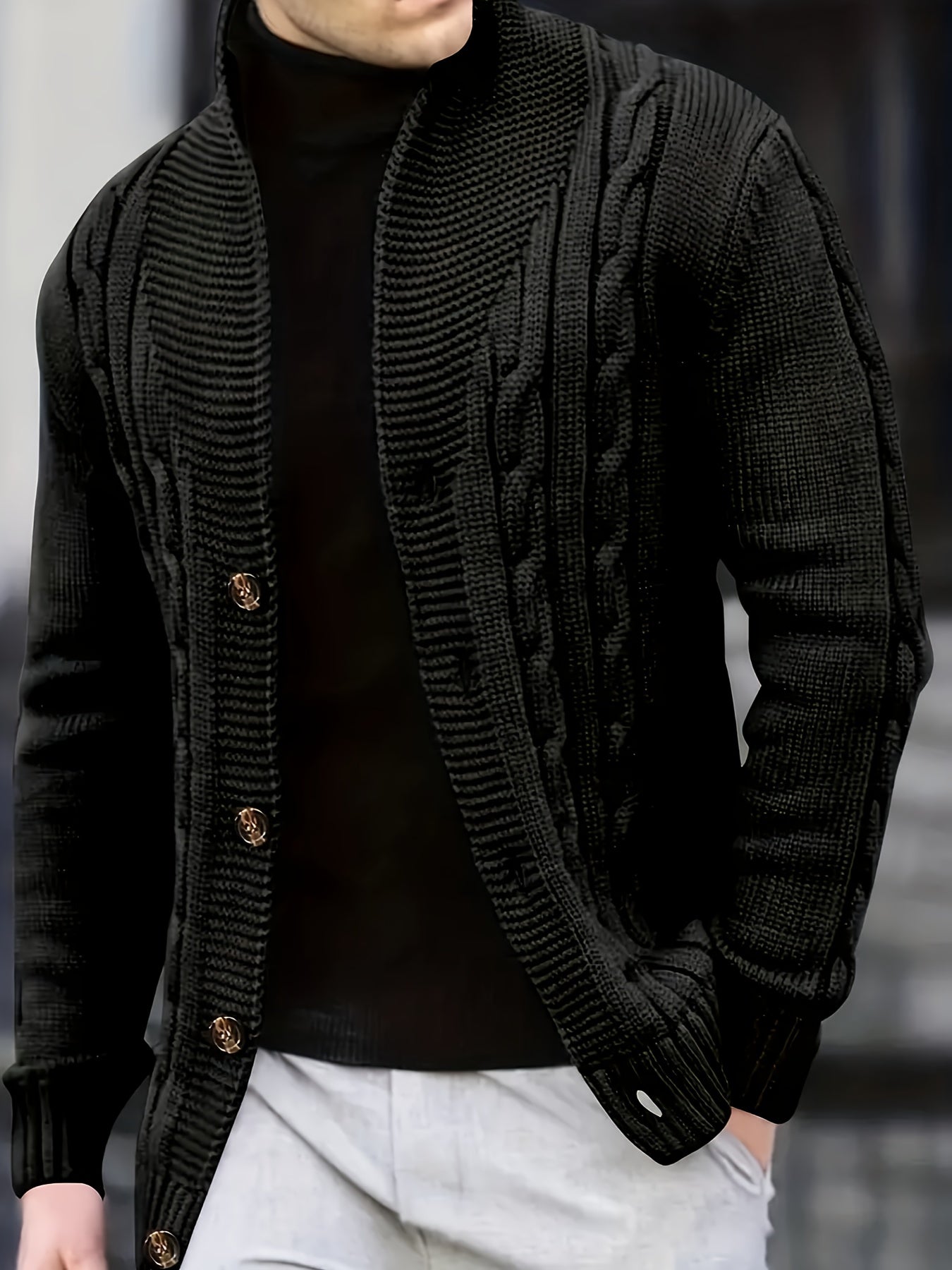 Men's V-neck knitted cardigan with a solid color button, perfect for casual fashion in autumn and winter.