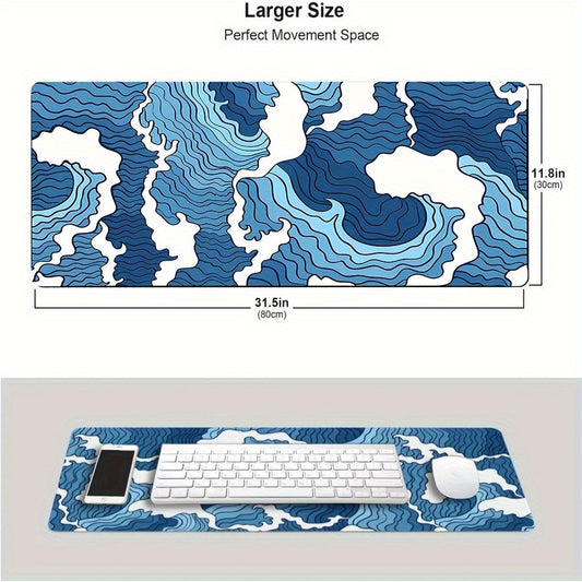 Blue White Wave Graphic Gaming Mouse Pad XL with Stitched Edges, Non-Slip Desk Pad 80.01x29.97 Cm, for Home and Office