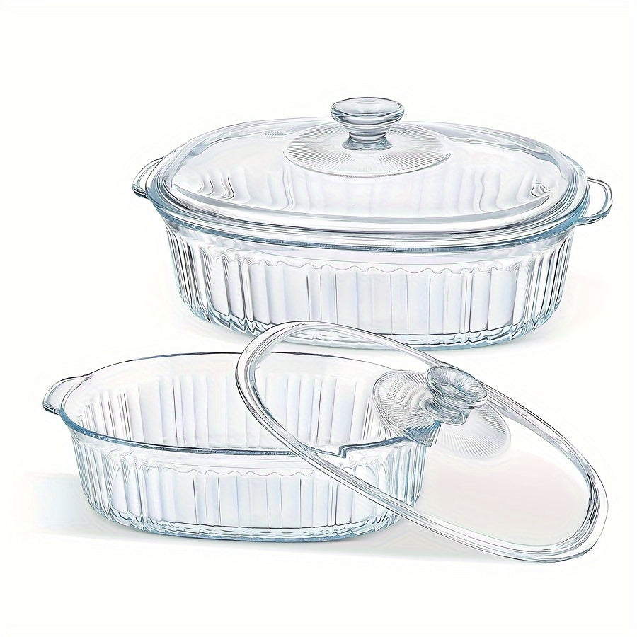 YumiPLUS Oval Glass Casserole Dish with Lid, Double Handles, Vertical Stripes - A Favorite Choice! Dishwasher Safe, Perfect for Hot and Cold Foods, Great for Steaming Fish, Salad, Pasta - Choose from 1800ml (60.8oz) or 2800ml (94.6oz) sizes, By YUMIPLUS