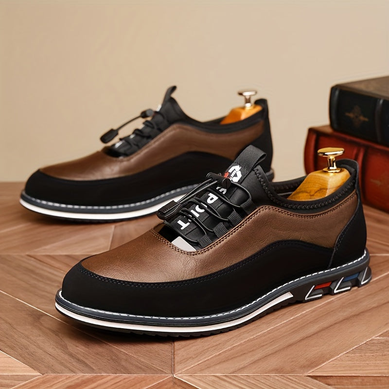 Men's casual low top lace-up shoes with elastic band, PU upper and rubber sole, suitable for all seasons.