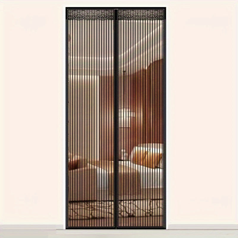 Modern black stripe magnetic screen door with automatic closing mesh for anti-mosquito protection.