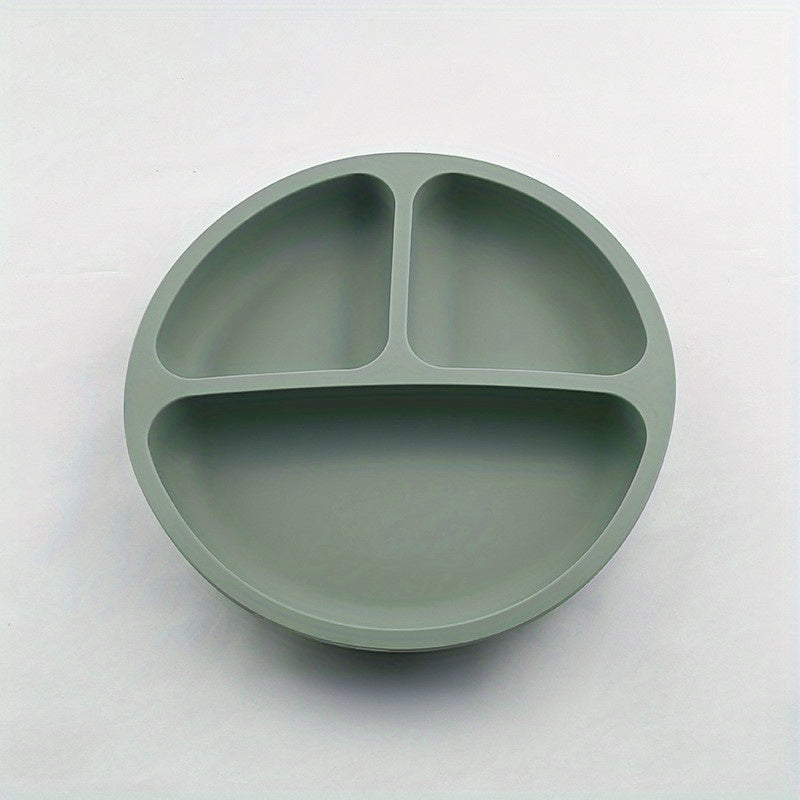 Silicone dining set for children includes plate, bowl, utensils, and microwave-safe bowl free of BPA.