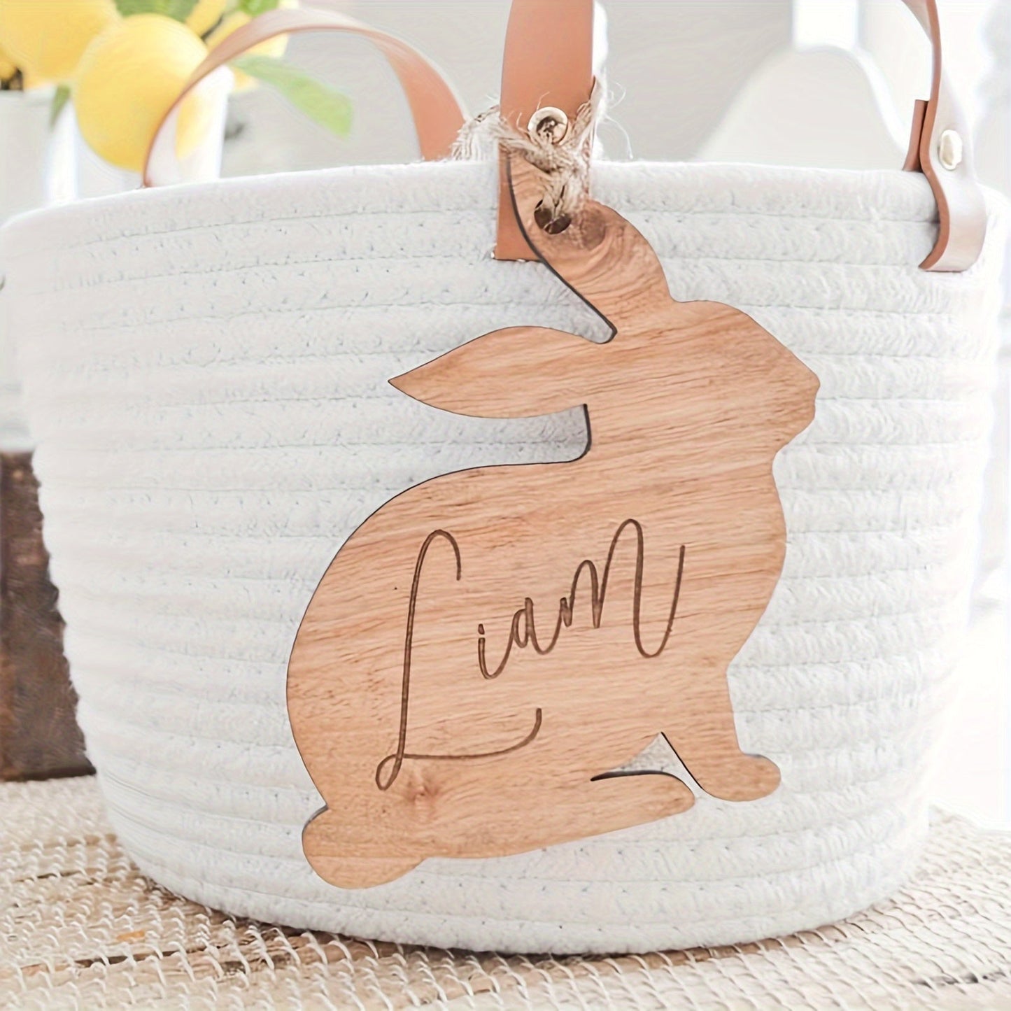 Engraved Wooden Easter Basket Tag with Bunny Design - Customizable Name Label with Ties, Ideal for Gifts and Memorabilia