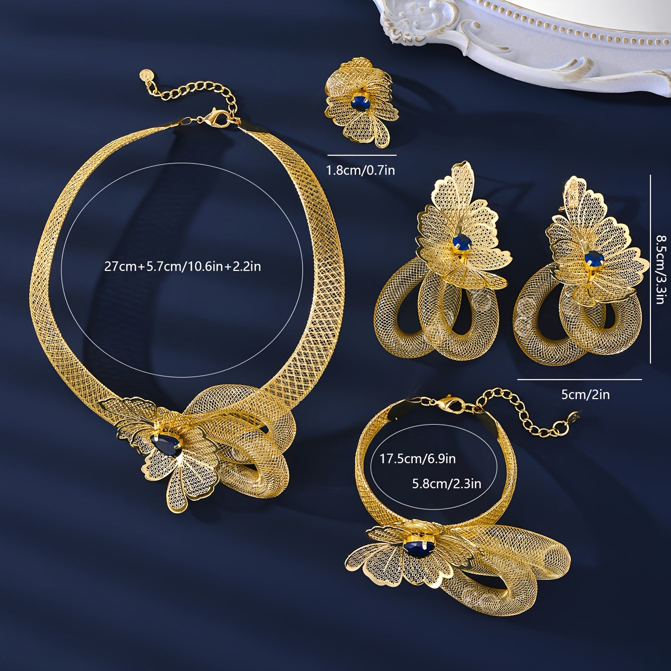 MEIZ Elegant Arabian Style Jewelry Set featuring 5 pieces, crafted with 18K Golden Plated Copper and adorned with Exaggerated Gemstone Design. Perfect for daily wear or as a thoughtful gift, this set is the ideal accessory for Mardi Gras Day celebrations.