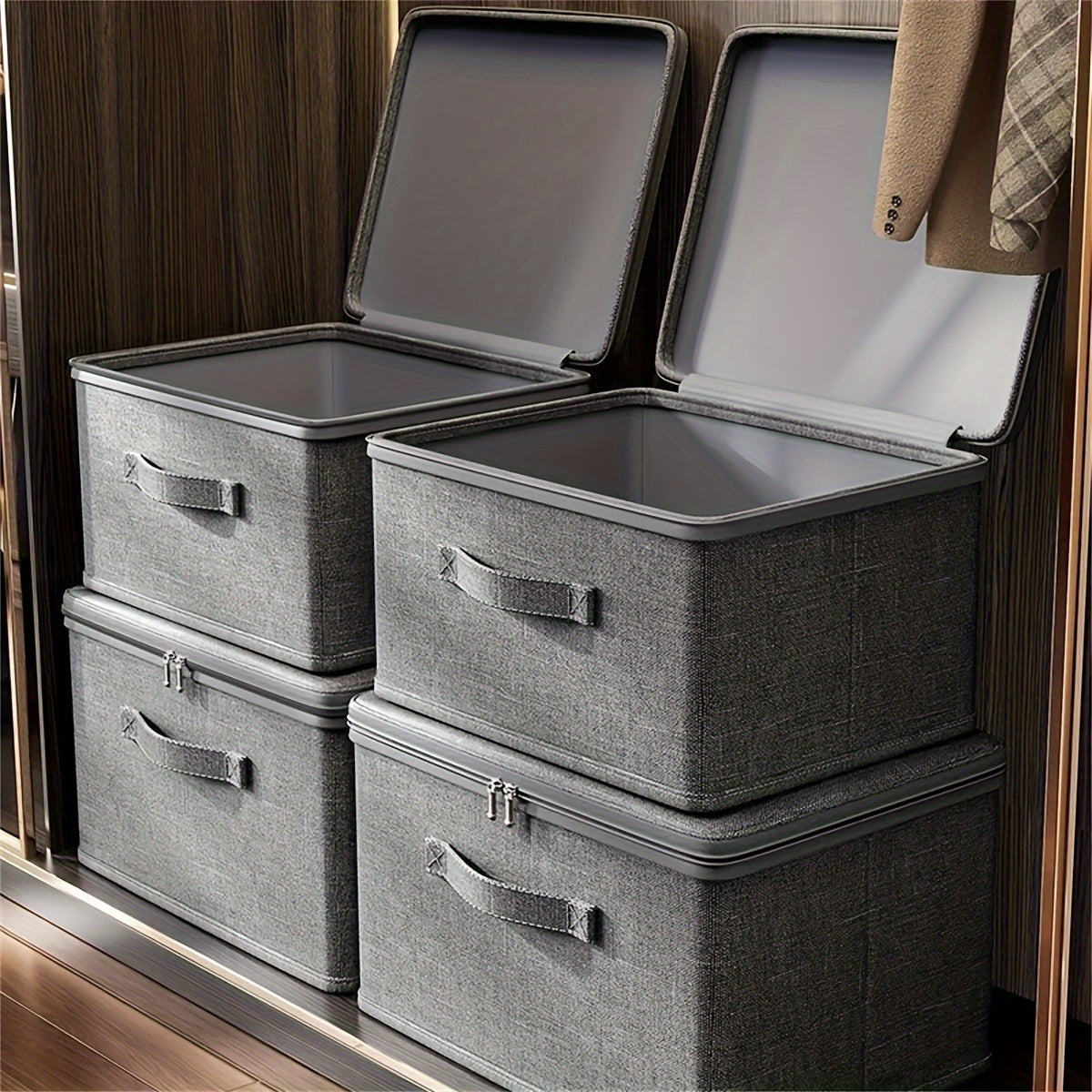 Rectangular fabric storage box with lid for clothes, office supplies, and home organization.