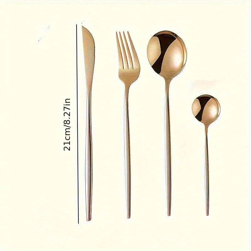 16-piece gold stainless steel cutlery set, ideal for weddings and special occasions, includes 6 steak knives, forks, and spoons. Durable tableware for home.