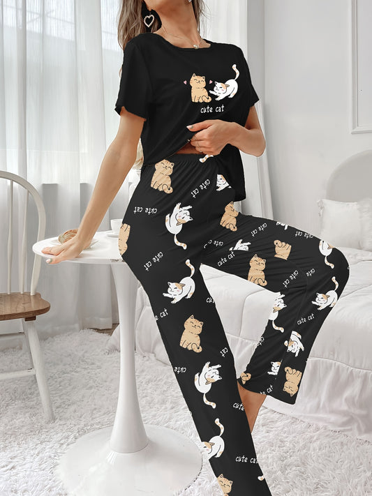 Women's Cat and Letter Print Pajama Set - Short Sleeve Top and Pants, Relaxed Fit