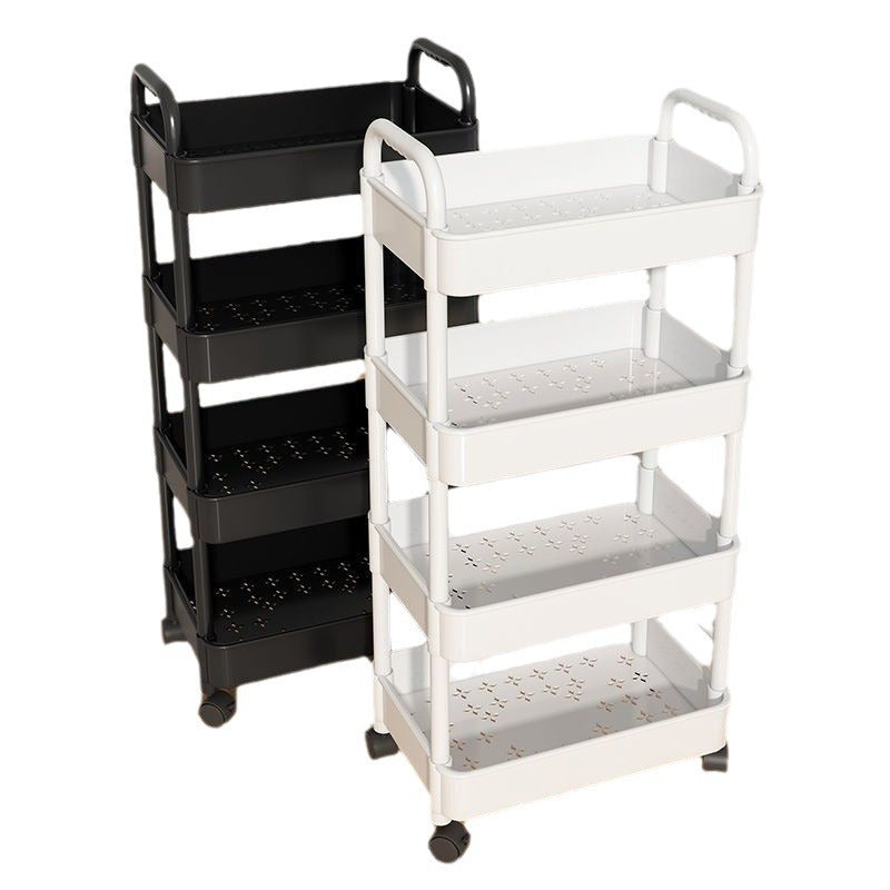 Three-tier rolling corner organizer cart that swivels 360 degrees for effortless mobility. Made of durable plastic, this cart requires no power and features wheels for easy movement in the kitchen, bathroom, living room, or office.