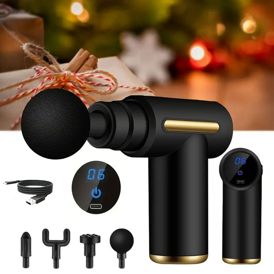 Portable massage gun with LCD display and USB rechargeability, featuring 6 vibration speeds and 4 accessories. Suitable for sports and outdoor use, a great gift idea for the holidays.