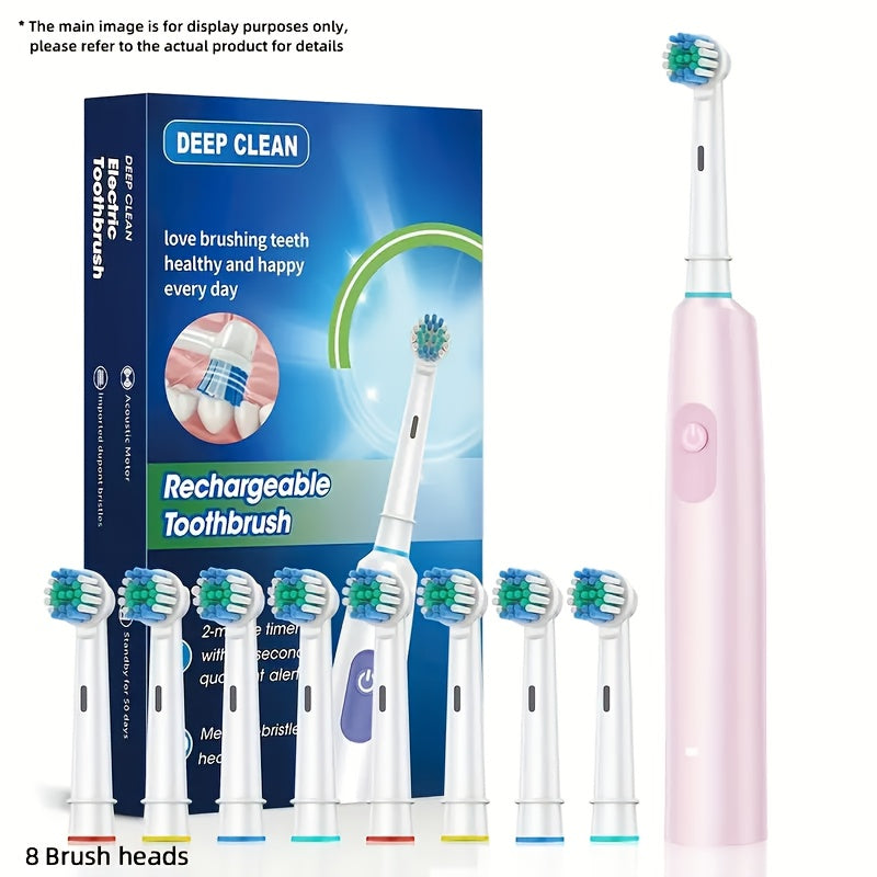 Upgrade your oral care with this adult electric toothbrush set. It includes 8 replacement heads, ultra-soft nylon bristles, and a 600mAh lithium battery with USB charging. It features a