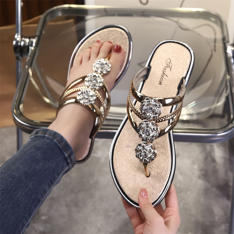 Diamond wedge flip flops for women with rhinestone details