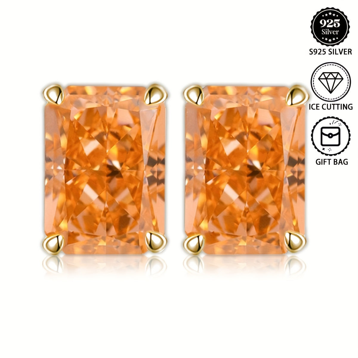 Stunning Ice-Cut Morganite Orange Rectangular 8*10mm S925 Silver Stud Earrings with Simplistic Four-Claw Setting, featuring Synthetic Zircon stones. This custom jewelry piece exudes classic style, making it a chic wedding accessory or the perfect