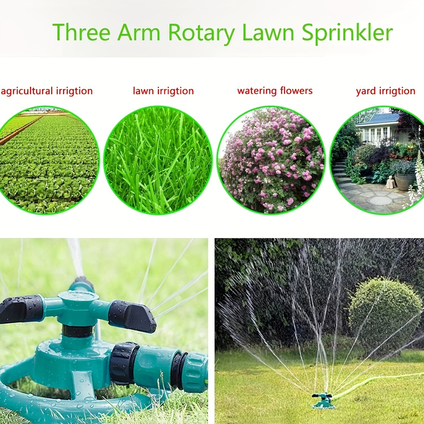 Durable garden sprinkler with 360-degree rotation for efficient watering of lawns and plants, easy to set up and water-saving.