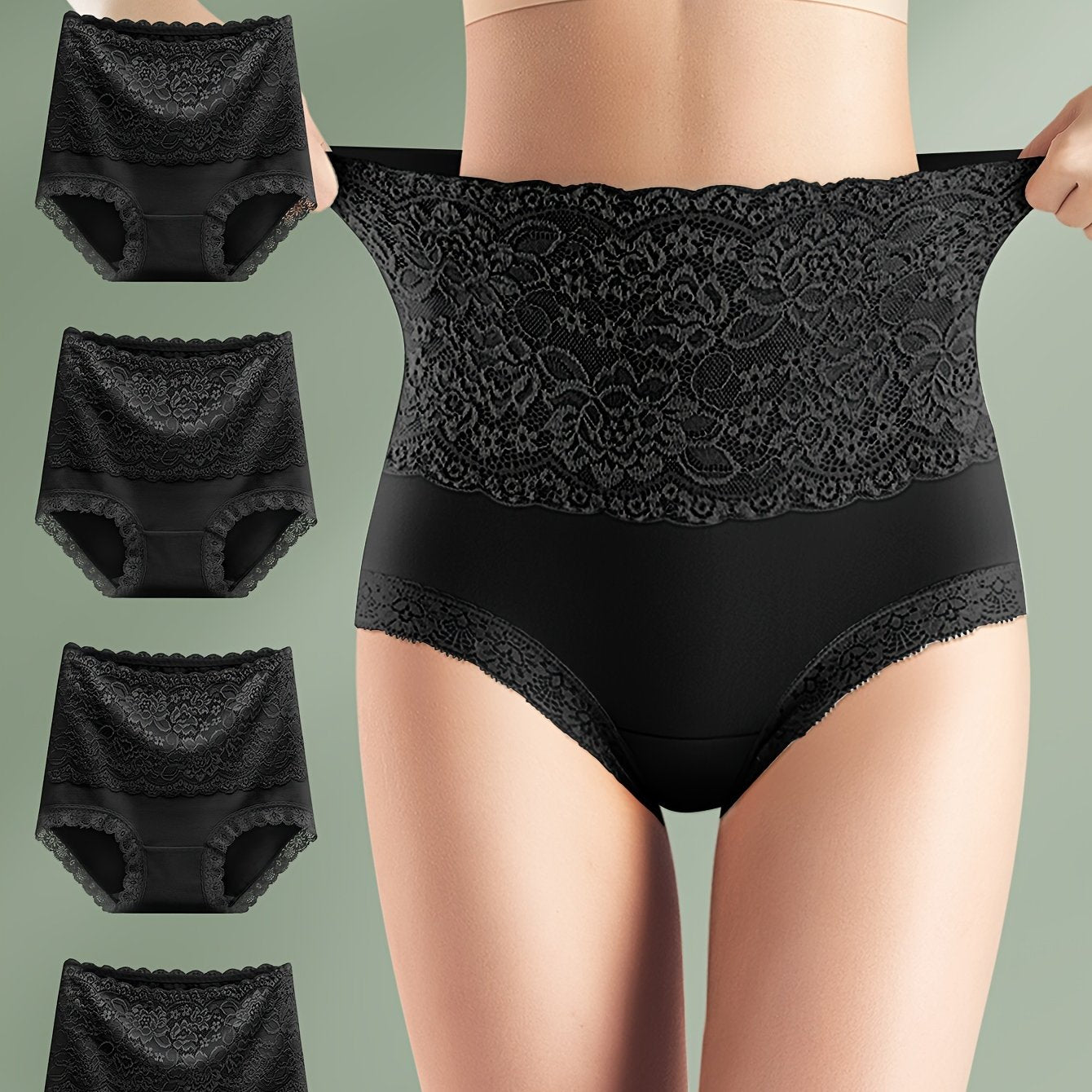 Set of 4 high waist shaping panties with floral lace design to control tummy and lift butt, ideal for women's underwear and shapewear.