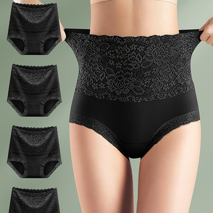 Set of 4 high waist shaping panties with floral lace design to control tummy and lift butt, ideal for women's underwear and shapewear.