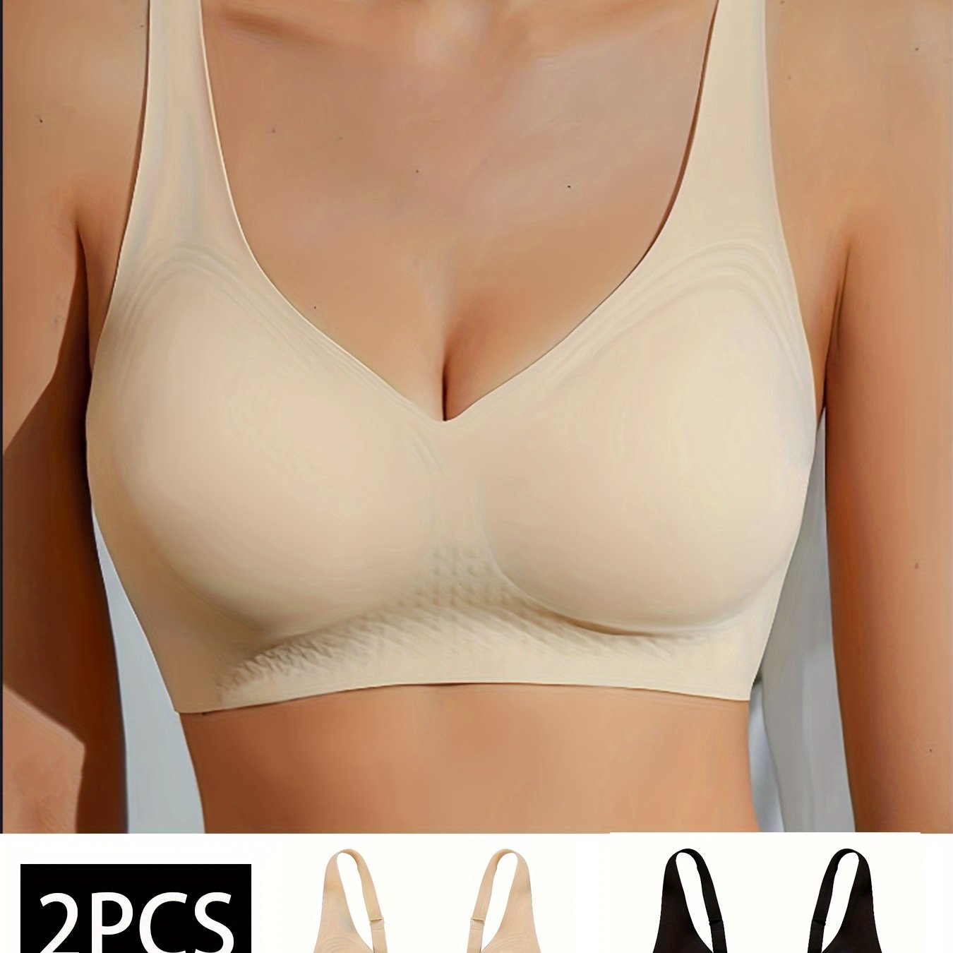 2 Seamless V-Neck Wireless Bras with removable pads made of 85% Polyamide and 15% Elastane knit fabric. Solid color, full cup design, breathable, and quick-dry.