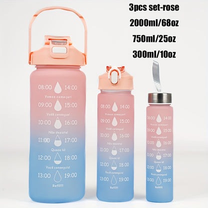 Set of 3 sports water bottles with time marker, leakproof design, and one-click open lid. Great for fitness and outdoor activities.