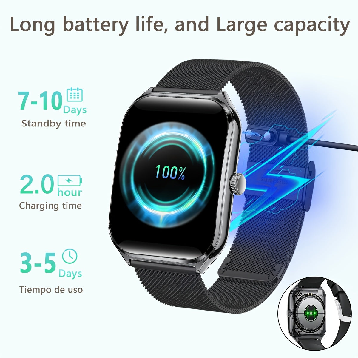 Ultra-thin smartwatch with full touch display, dual screen, USB charging, stainless steel case for Android and iPhone. Ideal for fitness tracking, calls, messages and music control.