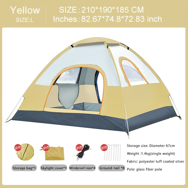 4-person round camping tent with UPF 50+ sun protection, easy setup, portable design, hydrophobic fabric, zipper closure, all-season use, glass fiber bracket, polyester material, ideal for