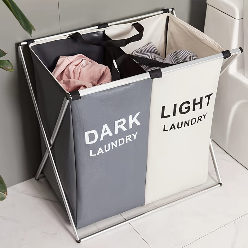 Durable foldable laundry hamper with large capacity and 2/3 compartments, made of aluminum & Oxford cloth. Easy to assemble with utility hooks.