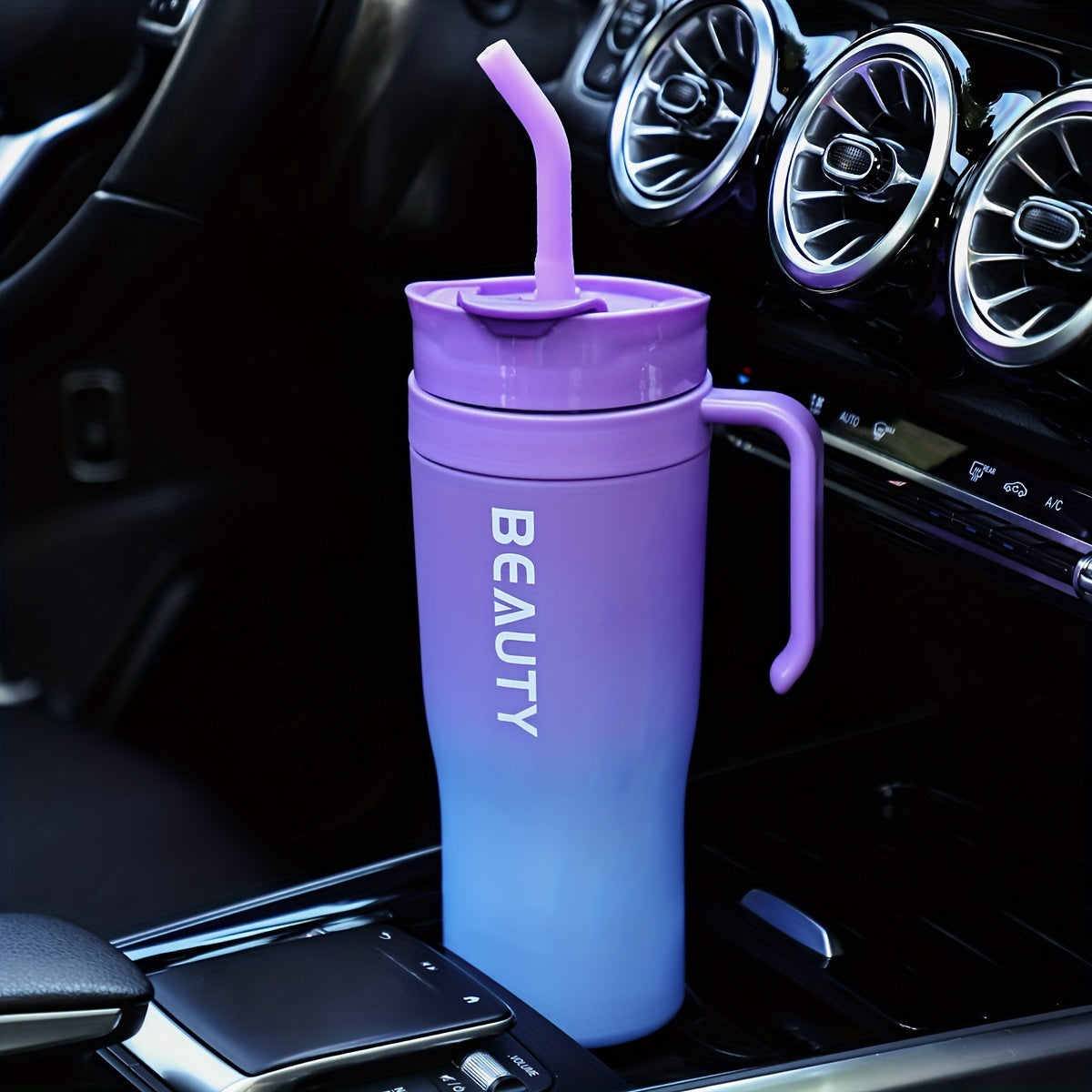 Large capacity plastic straw cup with handle for hot or cold drinks, perfect for gym, outdoors, car. Great holiday gift.