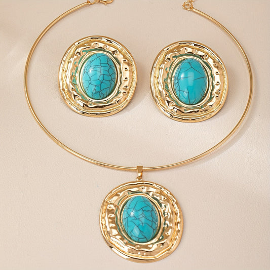 Retro Bohemian Metal Oval Blue Turquoise Two-Piece Set, Including 1 Collar and 1 Pair of Earrings. Elegant French Style, Perfect for Banquets or as Gifts.