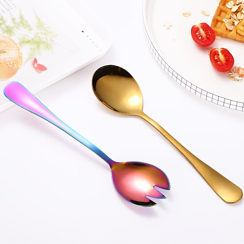 Set of 2 gold-plated stainless steel salad utensils for various dishes.