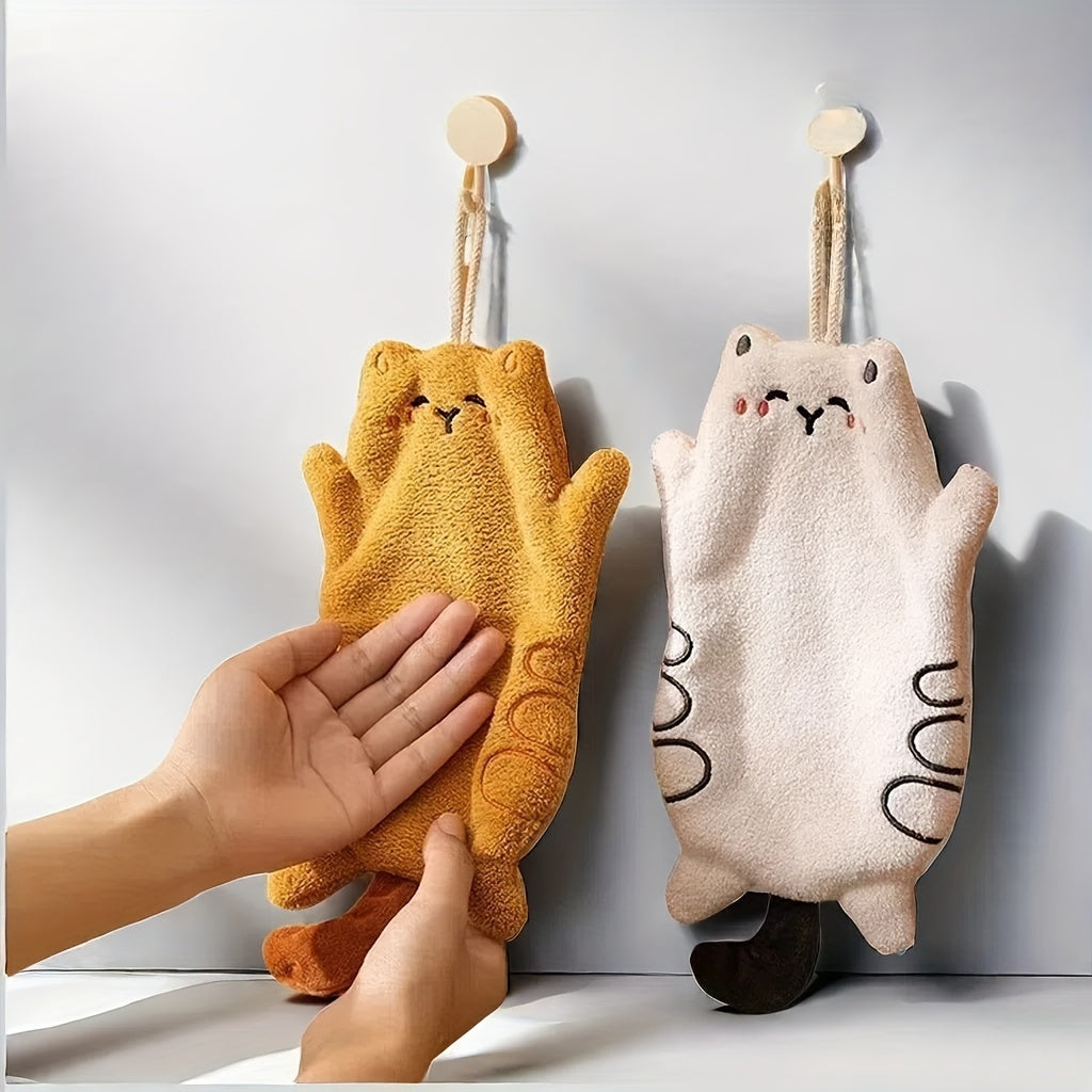 Cute cat fingertip towel made from durable polyester fabric, quick-dry and absorbent for kitchen or bathroom use, featuring a fun cartoon design and coral fleece embroidery.