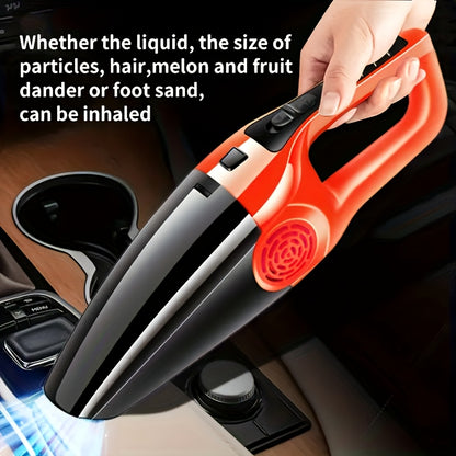 High-power car vacuum cleaner for wet/dry use in mini vehicles. Features ABS resin construction, one-click dusting, 50dB quiet operation, 0.4L dust cup, 5-5m cord, and car plug. No battery