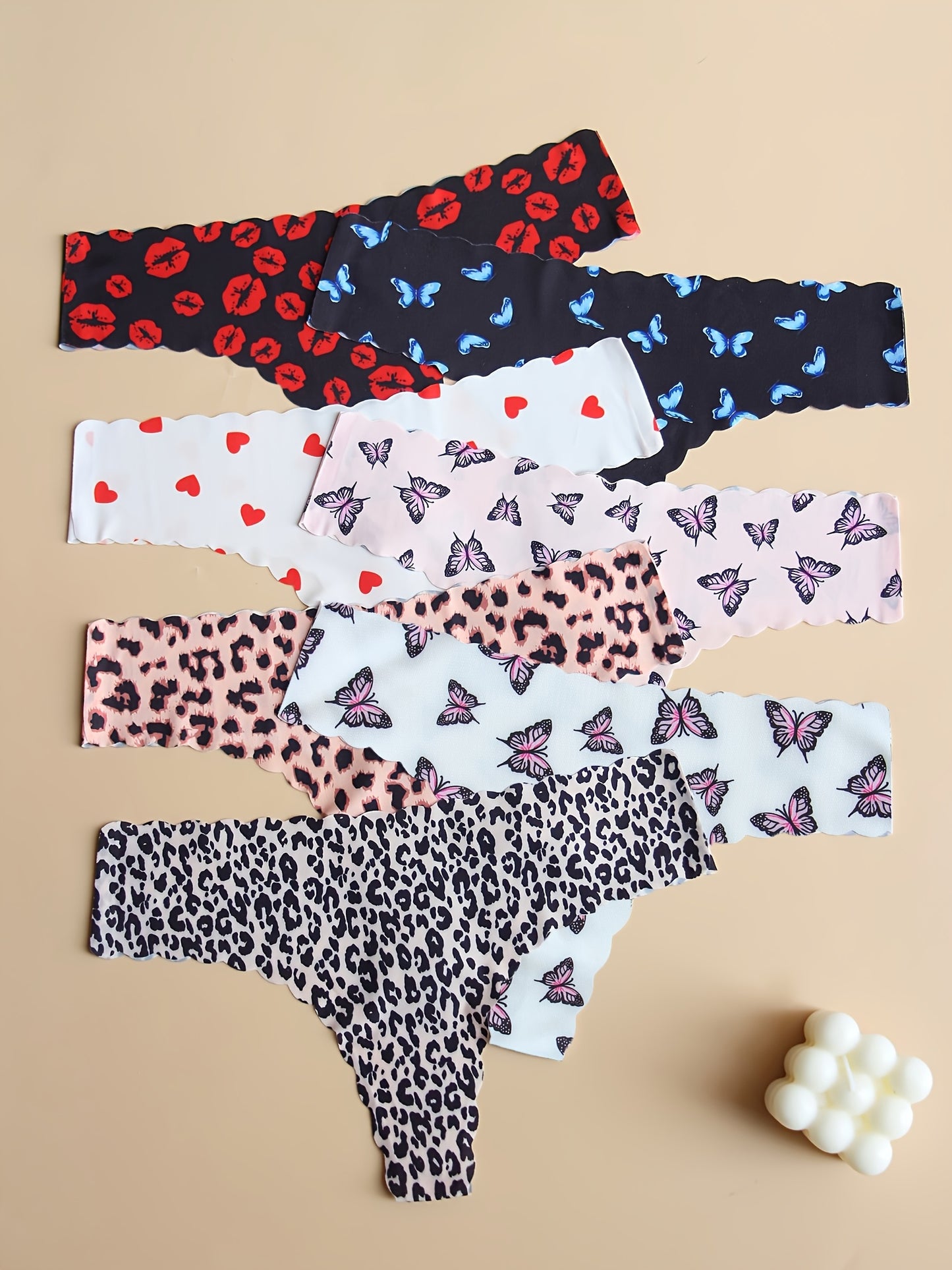 7pcs Printed Women's Seamless Panties in Cute Butterfly and Red Lips Patterns