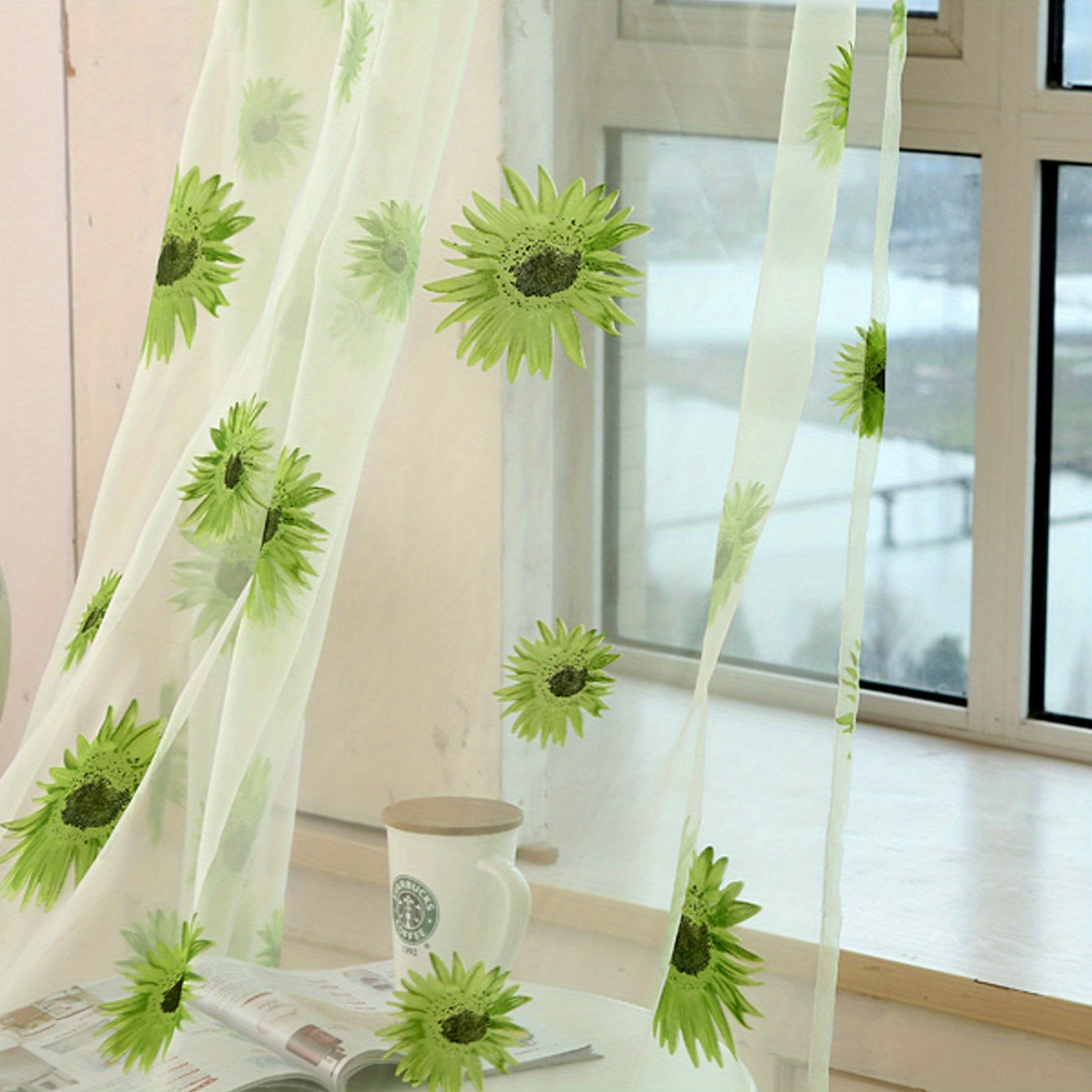 Sunflower Printed Sheer Curtain with Thin Flower Design - Ideal for Bedroom, Office, Kitchen, Living Room, Study - Rod Pocket Window Treatment for Home Decor and Aesthetic Room Decoration