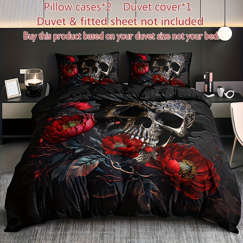 Gothic Skull Floral Duvet Cover Set - 3 Pieces (1 Duvet Cover + 2 Pillowcases, Pillow Inserts Not Included). Soft and Breathable HD Printed Bedding Set for Home and Dorm Decoration, Perfect for Halloween.