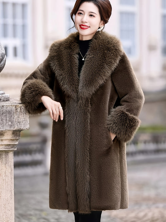 Plus Size Solid Faux Fur Coat, Elegant Outwear for Winter & Women's Plus Size Clothing