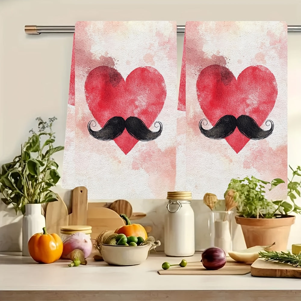 Set of 2 Ultra Soft Kitchen Towels with Fun Heart and Mustache Design, Super Absorbent Polyester Dish Hand Towels, Easy to Clean in Washing Machine, Size 40.64x60.96 cm - Perfect for Valentine's Day Decor and Daily Use in the Kitchen, Dish Towels